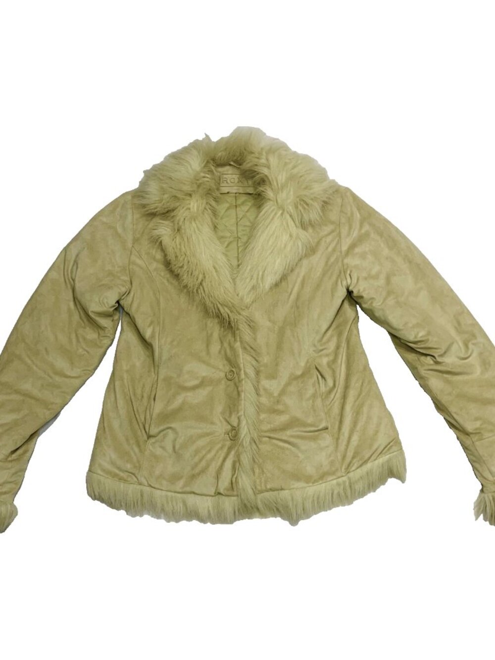 Vintage Roxy Faux Fur Trim Suede Jacket Y2K Boho Penny Lane Style Size L Beige - Picture 2 of 9